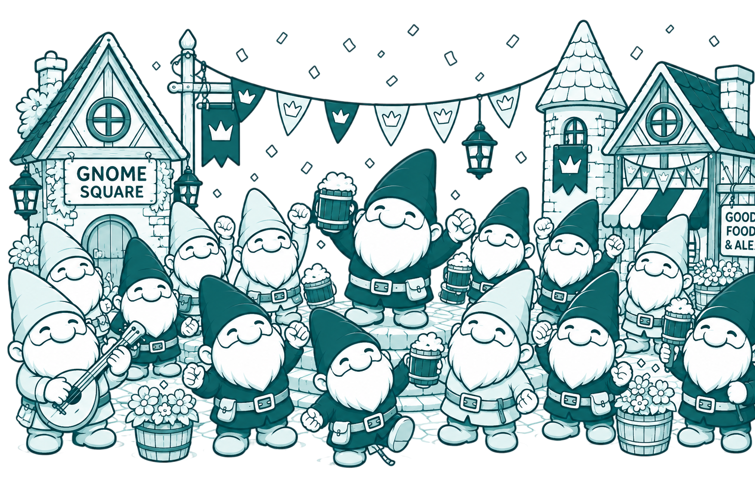 Gnomes celebrating together in the town square