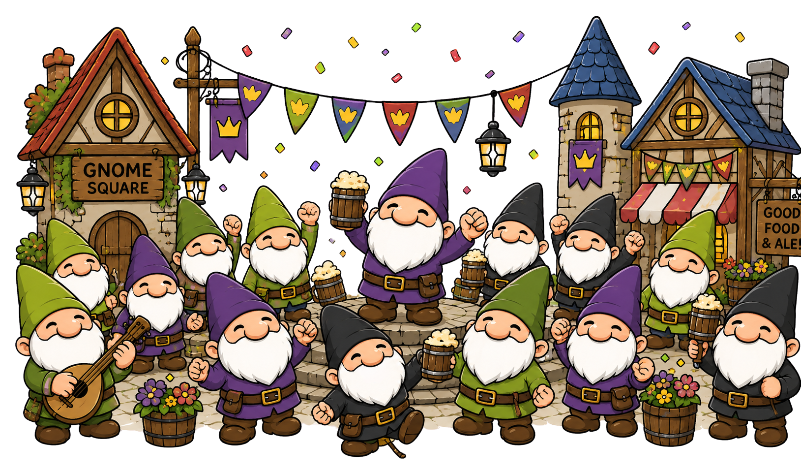 Gnomes celebrating together in the town square